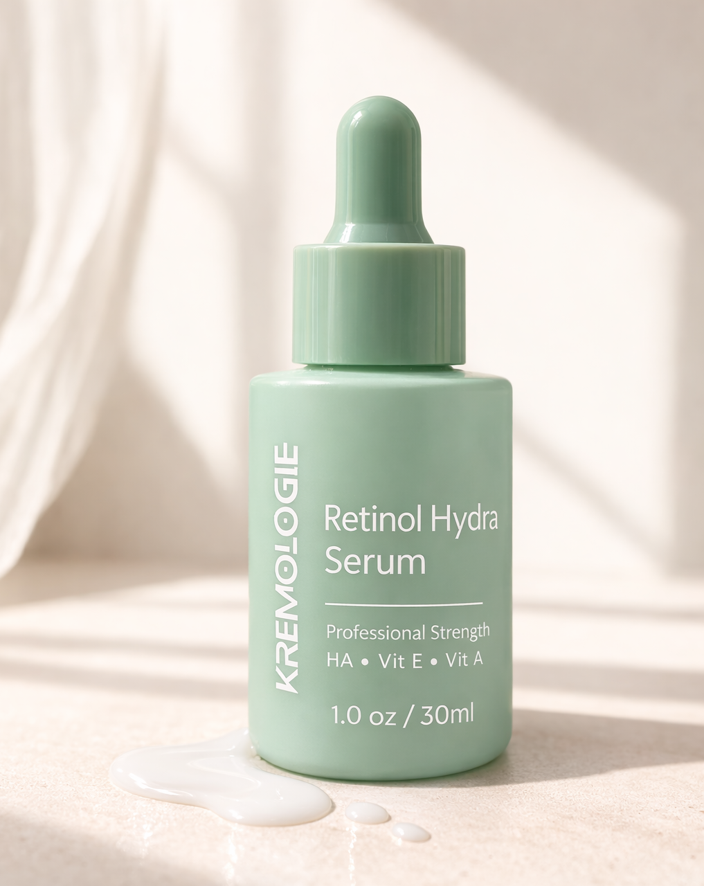 Kremologie Retinol Hydra Serum bottle on a neutral background