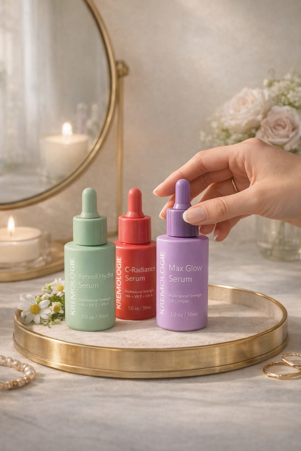 How to choose an anti-aging serum for sensitive skin — KREMOLOGIE serum selection in soft natural light