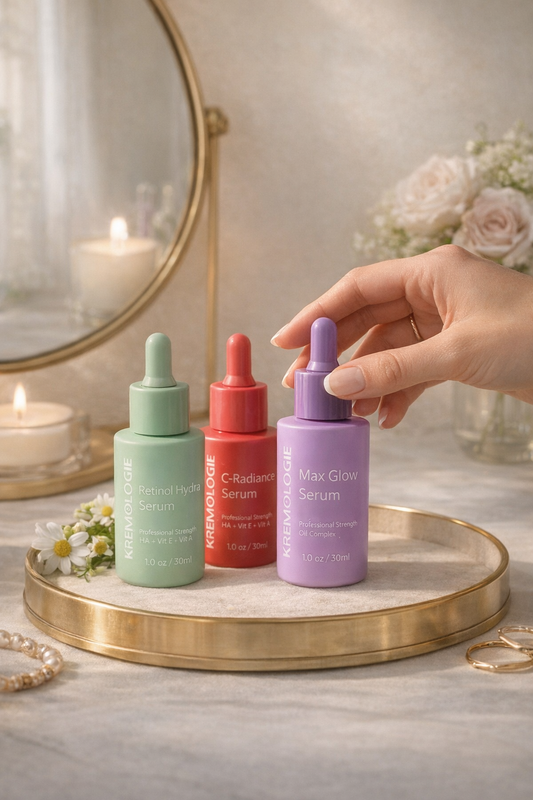 How to choose an anti-aging serum for sensitive skin — KREMOLOGIE serum selection in soft natural light
