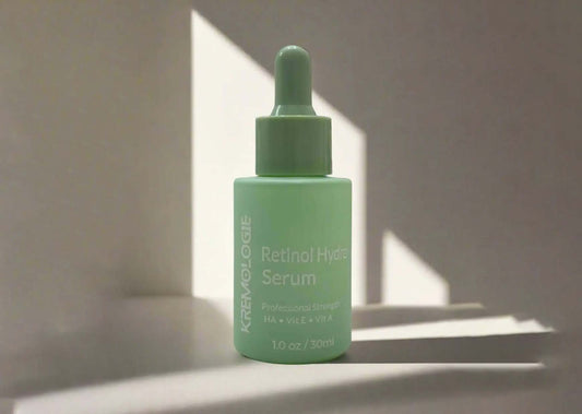 Retinol skincare routine laid out for sensitive skin—cleanser, toner, serum, moisturizer