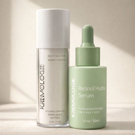 Professional-strength anti-aging skincare for sensitive skin featuring KREMOLOGIE Retinol Hydra Serum and Restorative Moisturizer