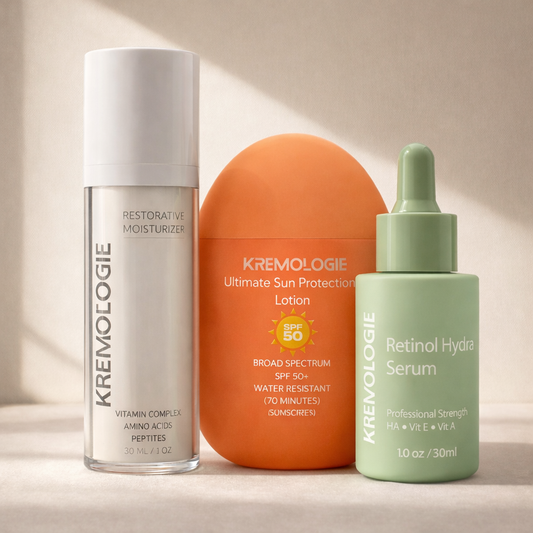 Professional-strength skincare routine for sensitive skin including retinol serum, barrier-support moisturizer, and mineral sun protection