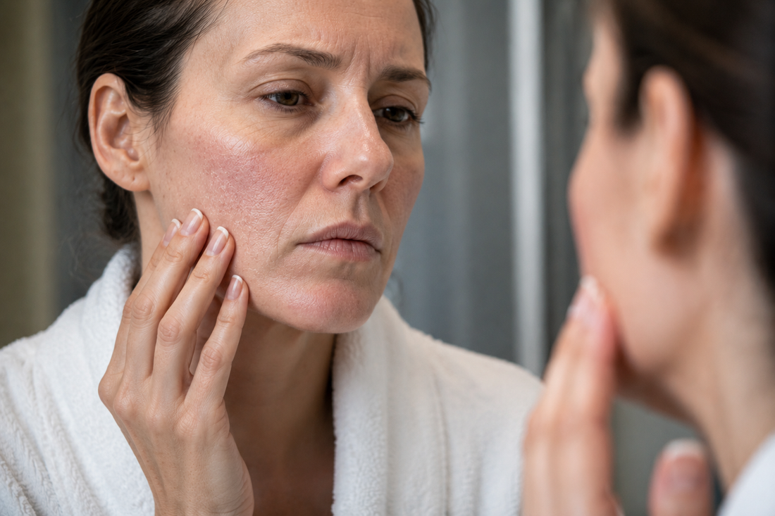 Woman touching dry facial skin despite applying moisturizer, illustrating persistent dehydration and skin barrier dysfunction.
