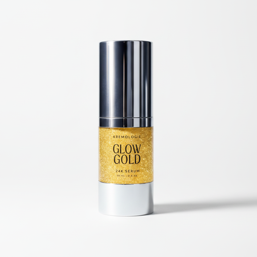 KREMOLOGIE Skincare serum bottle labeled 'Glow Gold' on a white background
