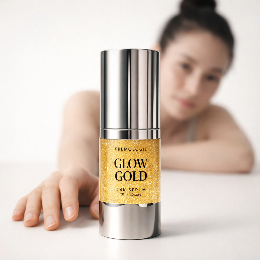 Kremologie Glow Gold 24K Serum bottle with a blurred person in the background