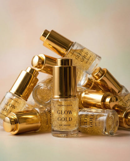Gold skincare serum bottles with 'Glow Gold' text on a gradient background