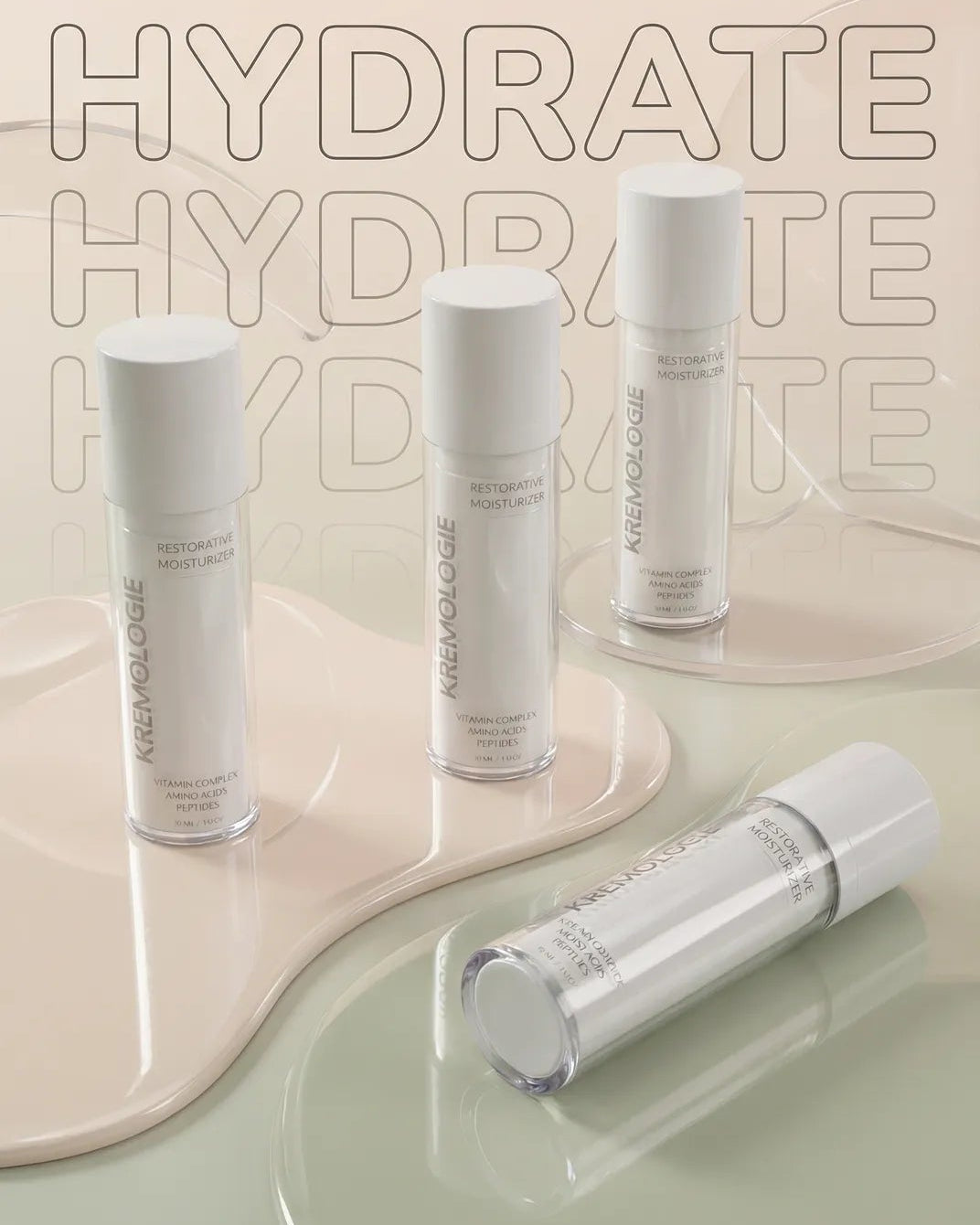 Skincare bottles with 'KREMOLOGIE Restorative Moisturizer' text on a beige background