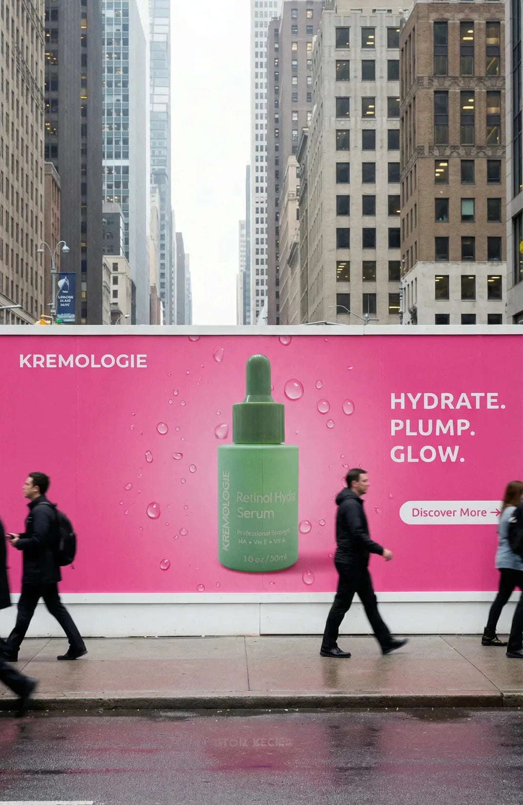 KREMOLOGIE Retinol Hydra Serum in a Sidewalk banner with pedestrians