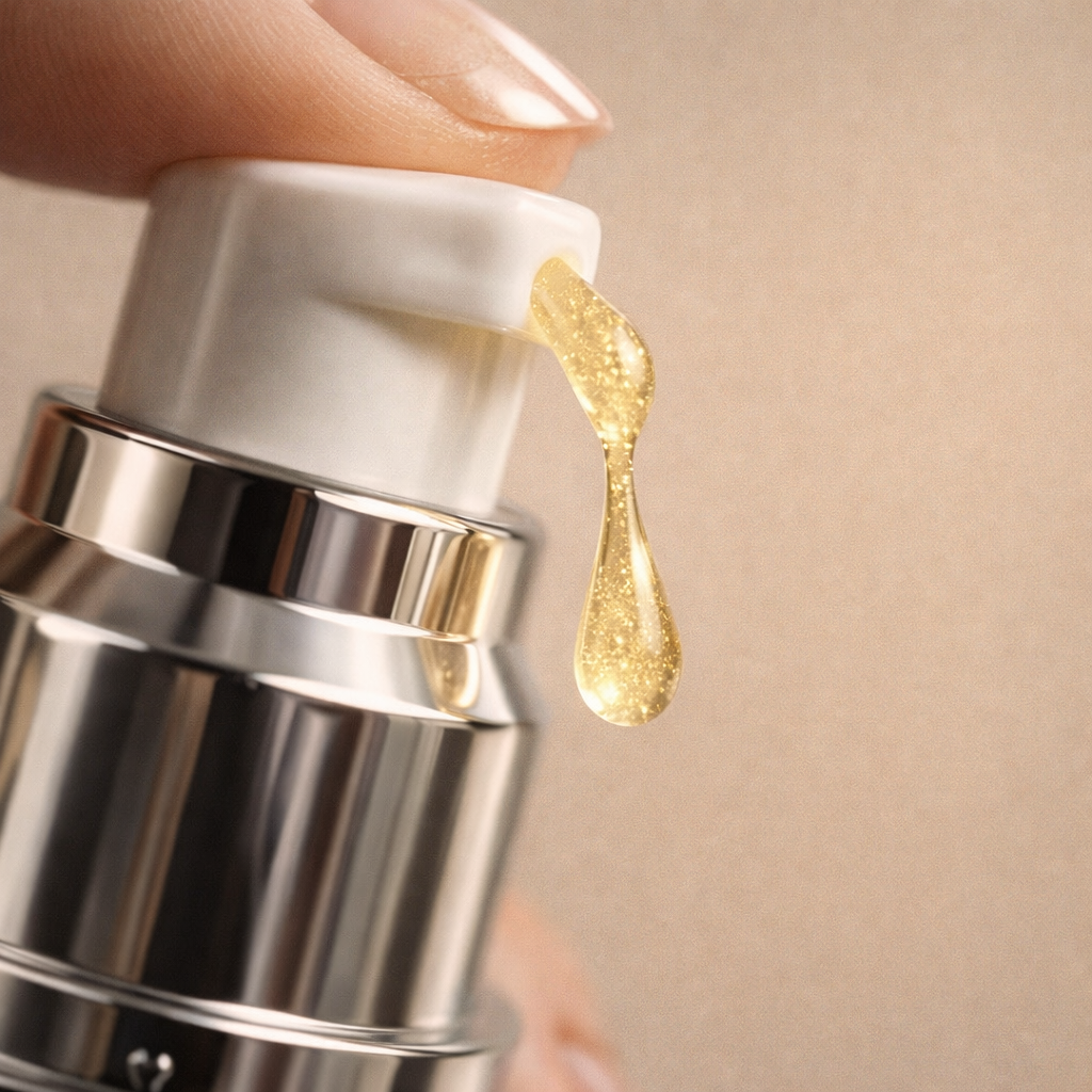 Close-up of a KREMOLOGIE glow gold serum with gold droplet