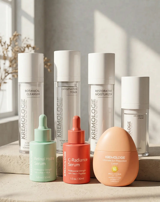 Collection of Kremologie skincare products on a neutral background