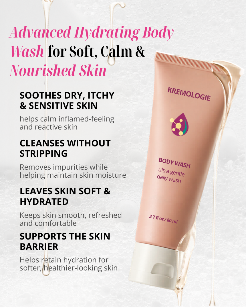 Kremologie body wash tube with product description on a white background