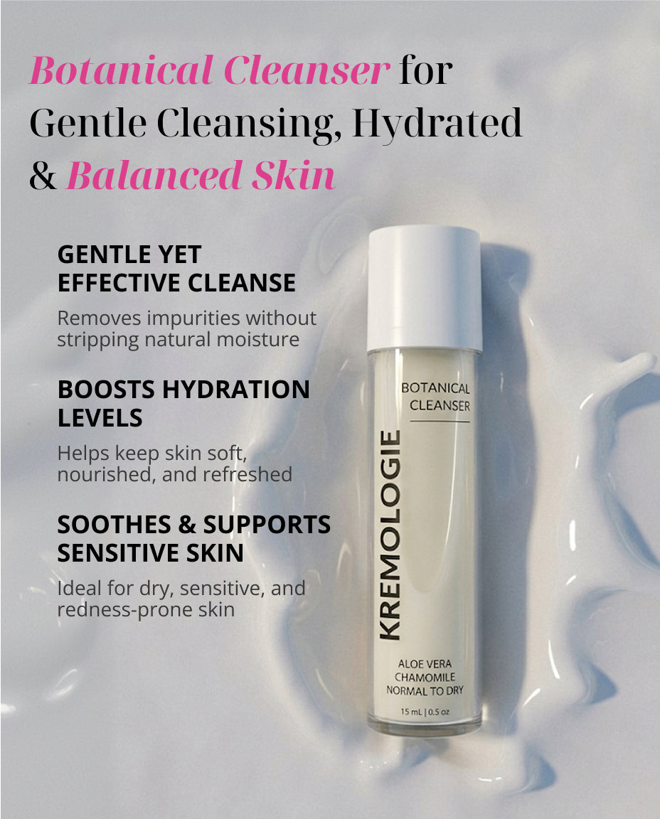Kremologie Botanical Cleanser bottle with product details on a light gray background