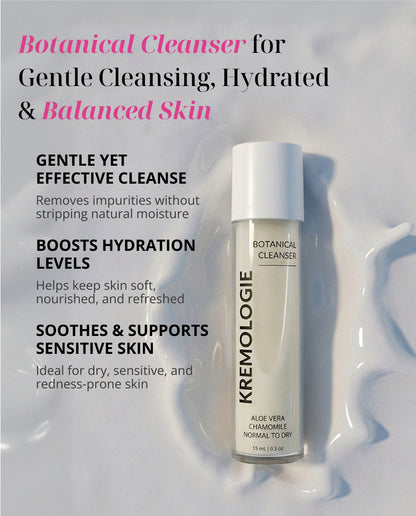 Kremologie Botanical Cleanser bottle with product details on a light gray background