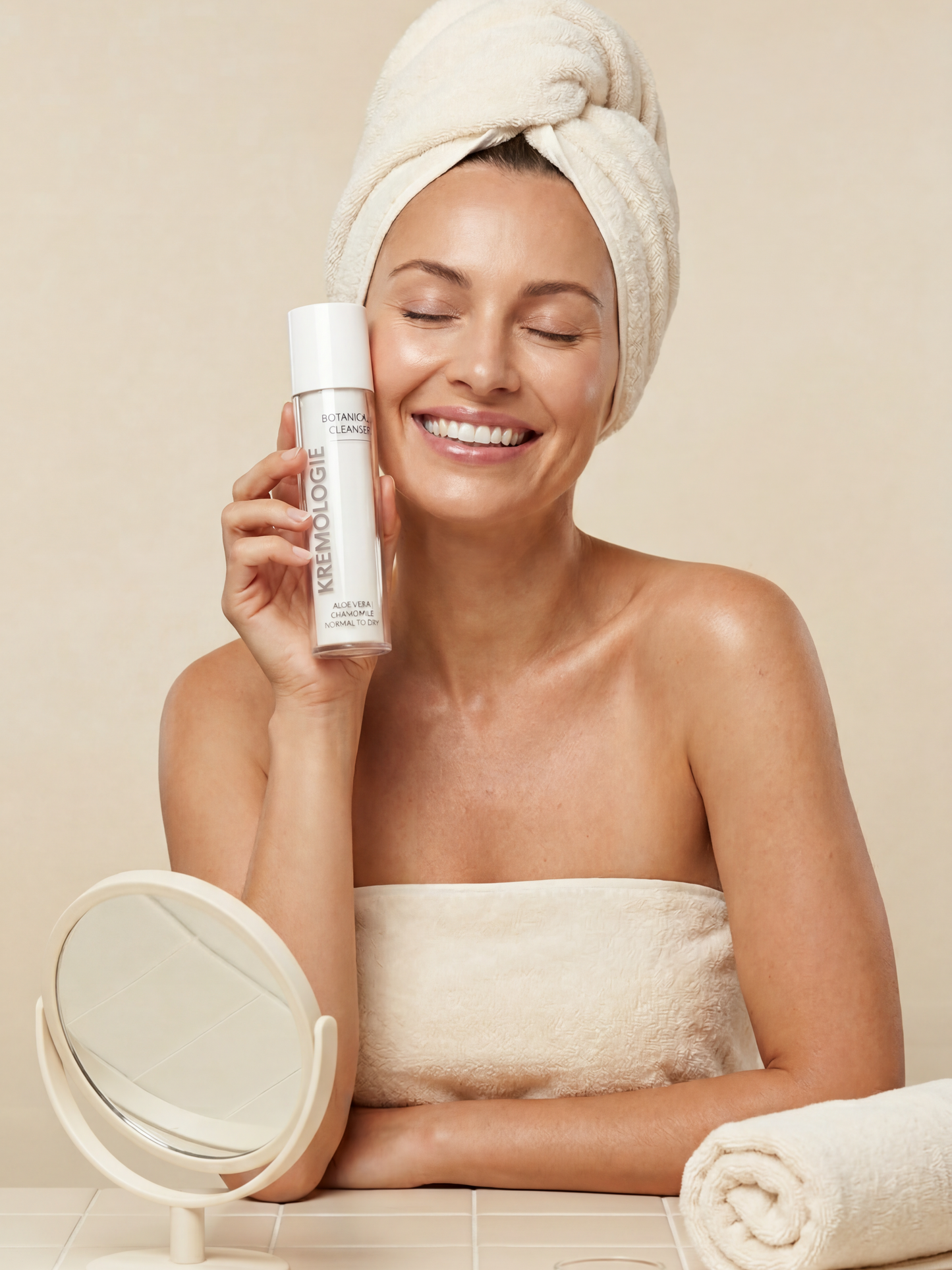 Woman with a towel wrapped around her head holding a Botanical Cleanser skincare product, with a neutral background.