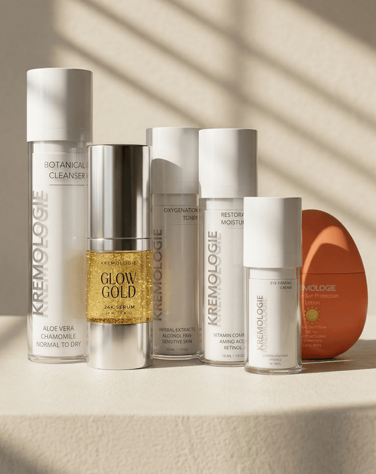 Collection of Kremologie Calm & Restore skincare system on a neutral background with soft shadows.
