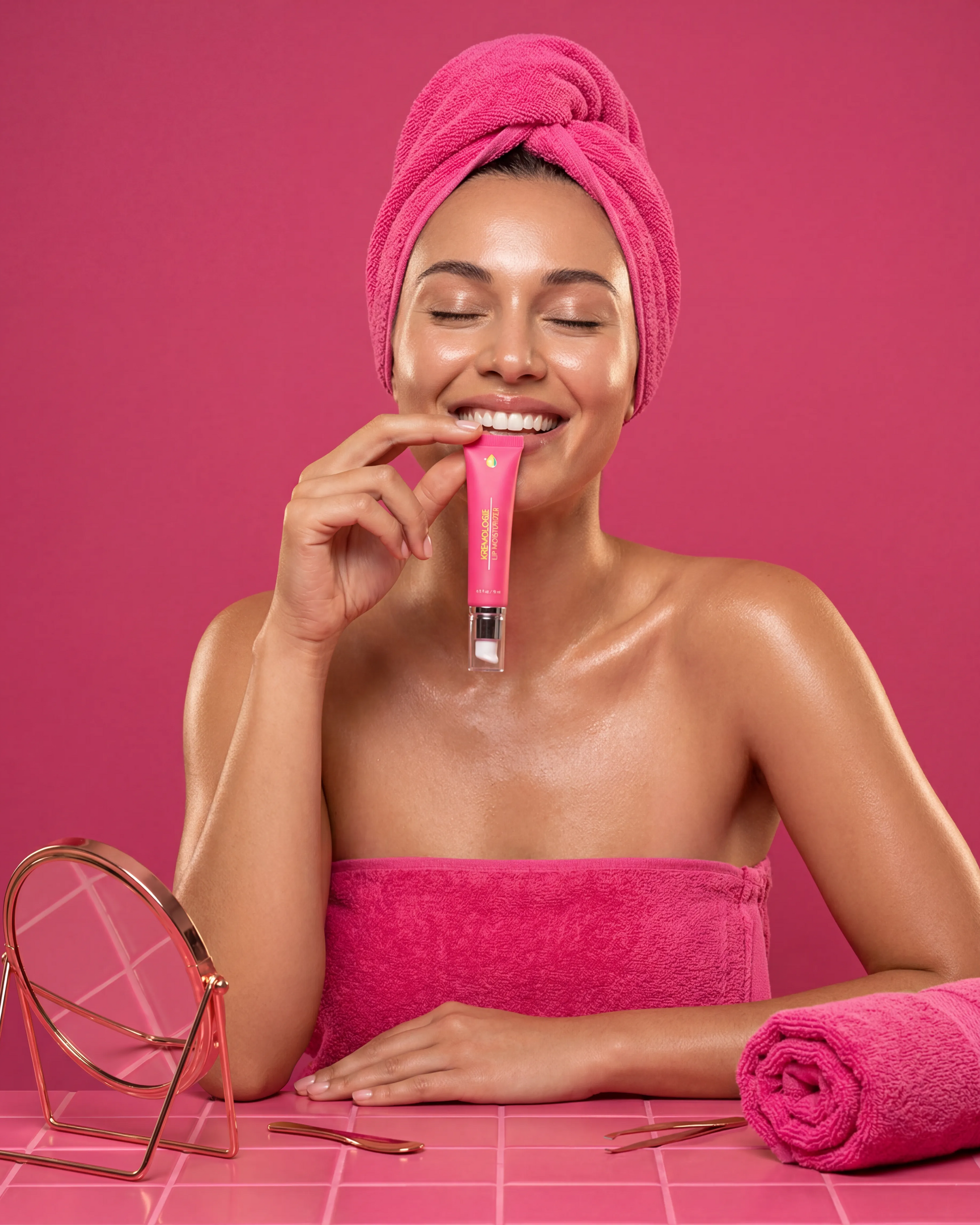 Woman applying KREMOLOGIE LIP MOISTURIZER with a pink towel on her head against a pink background