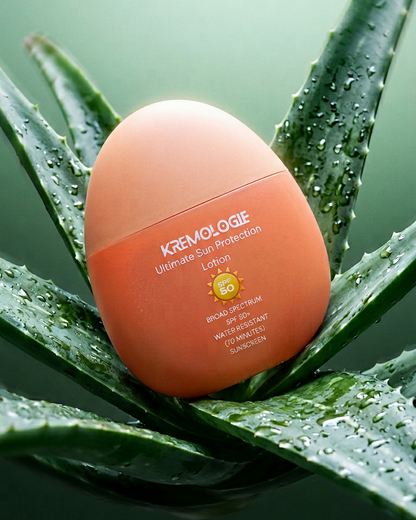 Kremologic sunscreen bottle on a green leaf with a blurred background