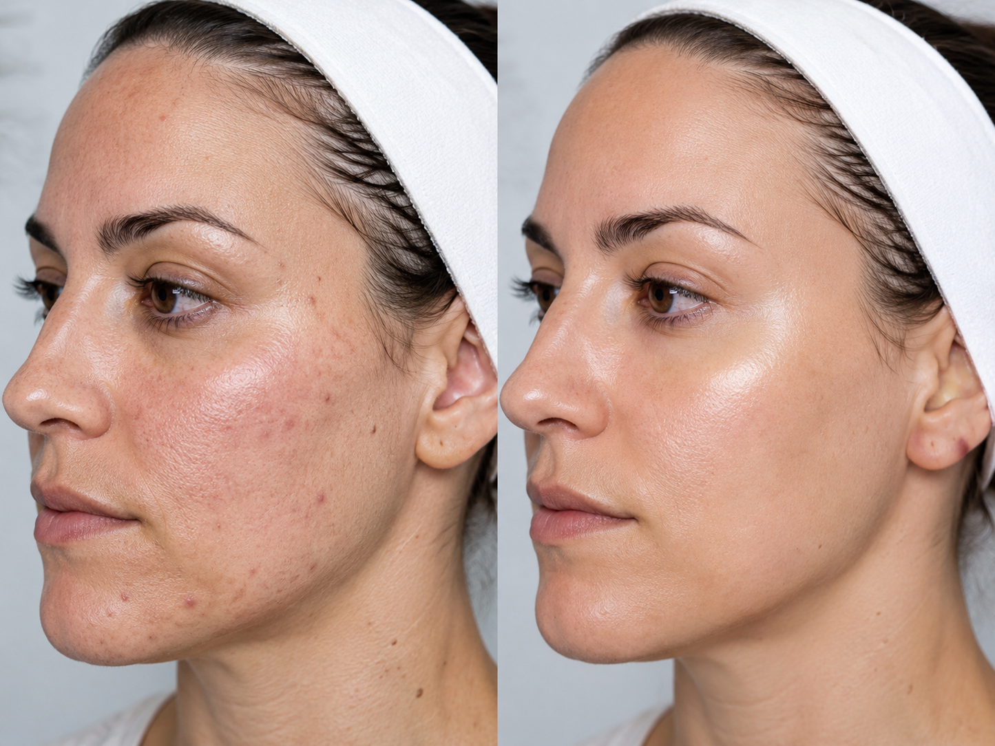 A side-by-side before and after comparison of a woman's face, showing skin texture and tone improvement. The woman is wearing a white headband against a light gray background.