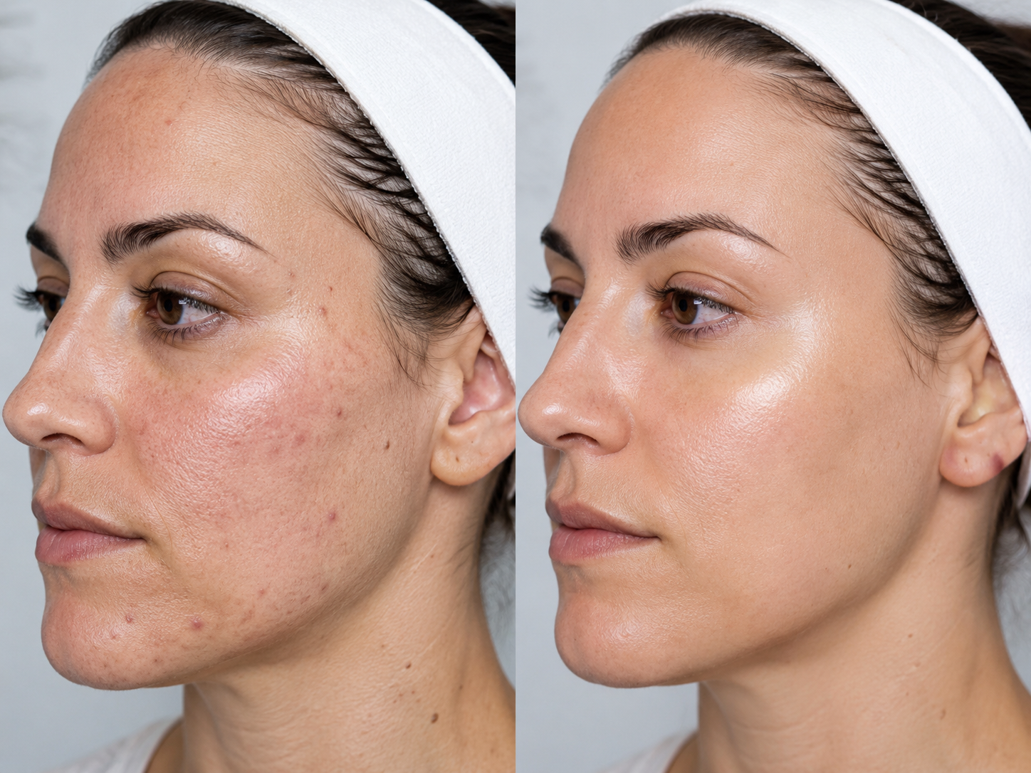 A side-by-side before and after comparison of a woman's face, showing skin texture and tone improvement. The woman is wearing a white headband against a light gray background.