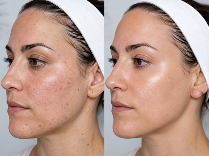 A side-by-side before and after comparison of a woman's face, showing skin texture and tone improvement. The woman is wearing a white headband against a light gray background.