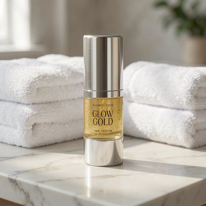A bottle of kremologie Glow Gold 24K Serum stands on a white marble surface with folded white towels in the background.
